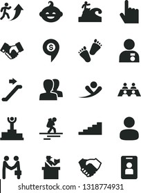 Solid Black Vector Icon Set - women vector, funny hairdo, children's tracks, index finger, man, hand shake, handclasp, conversation, winner podium, arrow up, stairway, with medal, agreement, flying