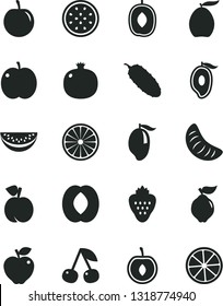 Solid Black Vector Icon Set - cucumber vector, strawberry, cherry, peach, apple, pomegranate, quince, red, mango, half of, loquat, delicious plum, water melon slice, tangerine, tasty, passion fruit