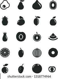 Solid Black Vector Icon Set - fried egg vector, plum, rose hip, fig, blueberry, mulberry, tasty, water melon, delicious, half cherry, lemon, yellow, of orange, guava, ripe pineapple, slice, tomato