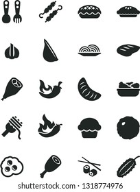 Solid Black Vector Icon Set - plastic fork spoons vector, onion, spaghetti, cake, pie, apple, lettuce in a plate, chicken thigh, grill leg, chop, meat on skewers, cabbage, chili, garlic, omelette