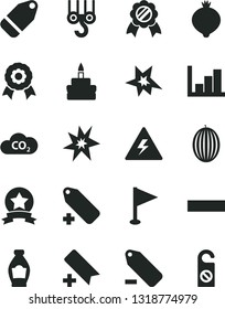 Solid Black Vector Icon Set - danger of electricity vector, add bookmark, minus, label, remove, pennant, negative histogram, winch hook, birthday cake, bottle, medlar, melon, CO2, medal, bang
