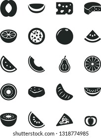 Solid Black Vector Icon Set - piece of cheese vector, pizza, meat, orange slice, melon, water, half peach, tangerine, kiwi, coconut, grapefruit, part guava, tomato