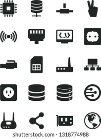 Solid Black Vector Icon Set - power socket type b vector, f, big data, server, SIM card, connection, scheme, cpu, pc, router, network, connect, coding, lan connector, wireless, victory hand, earth