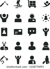 Solid Black Vector Icon Set - cargo trolley vector, pass card, operator, racer, builder, welding, gas, woman, man, think, scientist, winner, hands up, with medal, stars around, flying, backpacker