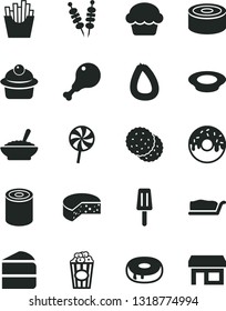 Solid Black Vector Icon Set - stick of sausage vector, cheese, canned goods, tin, fried vegetables on sticks, cake, muffin, piece, slice, with a hole, glazed, bowl buckwheat porridge, plate milk