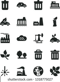 Solid Black Vector Icon Set - bin vector, dust, apple stub, working oil derrick, leaves, factory, hydroelectric station, hydroelectricity, trees, industrial building, thermal power plant, eco car