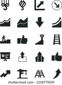 Solid Black Vector Icon Set - downward direction vector, growth up, line chart, crane, hook, winch, stepladder, ladder, thumb, move, right bottom arrow, financial report, finger, carrer stairway