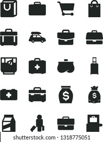 Solid Black Vector Icon Set - Briefcase Vector, Bag Of A Paramedic, Medical, Suitcase, Case, With Handles, Package, Glass Tea, Cart, Purse, Money, Dollars, Car Baggage, Passenger, Rolling, Scanner