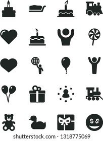 Solid Black Vector Icon Set - heart symbol vector, rubber duck, teddy bear, baby toy train, children's, colored air balloons, balloon, cake, gift, slice, birthday, lollipop, giftbox, man hold world