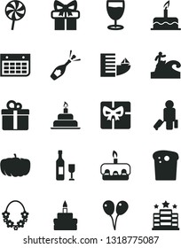 Solid Black Vector Icon Set - colored air balloons vector, cake, birthday, gift, Easter, torte, lollipop, glass, pumpkin, wall calendar, giftbox, wine, champagne, passenger, hotel, hawaii wreath