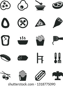 Solid Black Vector Icon Set - plates and spoons vector, a chair for feeding, iron fork, sausage, stick of, piece pizza, Hot Dog, noodles, porridge, grill chicken leg, bacon, French fries, egg, cafe