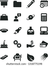 Solid Black Vector Icon Set - graphite pencil vector, folder, cake, concrete mixer, put in a box, plate, leaf, space rocket, get wage, hand bag, calculator, computer, schedule clock, gears, saturn