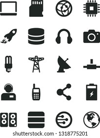 Solid Black Vector Icon Set - camera vector, operator, charging battery, power pole, mercury light bulb, connection, space rocket, mobile phone, notebook pc, cpu, headphones, speaker, network, earth