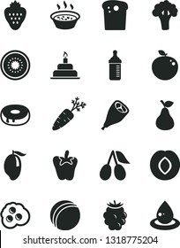 Solid Black Vector Icon Set - measuring bottle for feeding vector, bath ball, birthday cake, Easter, with a hole, porridge in saucepan, grill chicken leg, peper, omelette, strawberry, pear, plum