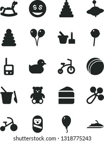 Solid Black Vector Icon Set - baby rattle vector, duckling, bath ball, stacking rings, toy, roly poly doll, phone, sand set, children's, small teddy bear, yule, rocking horse, colored air balloons