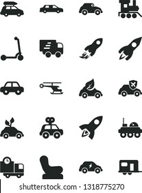 Solid Black Vector Icon Set - Baby chair vector, motor vehicle, present, toy train, child Kick scooter, delivery, eco car, environmentally friendly transport, electric, retro, autopilot, rocket