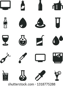 Solid Black Vector Icon Set - measuring cup for feeding vector, e, drop, a glass of soda, tea, bottle, liquor, round flask, oil, monitor, test tube, pipette, champagne, cocktail