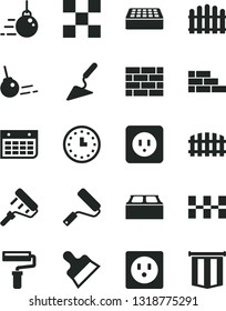Solid Black Vector Icon Set - paint roller vector, brickwork, brick wall, big core, building trowel, new, power socket type b, tile, ceramic tiles, block, putty knife, fence, hedge, calendar, watch