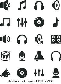 Solid Black Vector Icon Set - bell vector, desktop microphone, horn, loudspeaker, silent mode, drum, headphones, music, volume, no sound, cd, pc speaker, note, settings
