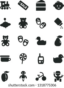 Solid Black Vector Icon Set - baby powder vector, rubber duck, duckling, toy mobile phone, children's potty, teddy bear, small, hairdo, train, yule, tricycle, shoes for little children, child, pear