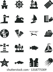 Solid Black Vector Icon Set - small fish vector, sea port, commercial seaport, lighthouse, coastal, planet, sand castle, sail boat, hotel, beach, starfish, flippers, surfing, handwheel, life vest
