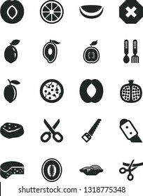 Solid Black Vector Icon Set - scissors vector, mark of injury, iron fork spoons, arm saw, knife, cheese, pizza, slices onion, piece meat, half pomegranate, plum, mango, peach, melon, lemon, juicy