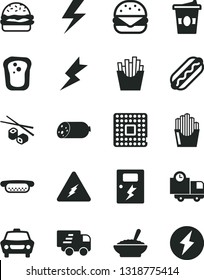 Solid Black Vector Icon Set - lightning vector, dangers, car, delivery, sausage, Hot Dog, mini, big burger, a bowl of buckwheat porridge, French fries, fried potato slices, Chinese chopsticks