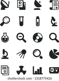 Solid Black Vector Icon Set - magnifier vector, zoom out, negative histogram, artificial satellite, round flask, radiation, dish, antenna, ring diagram, pie charts, statistical research, article