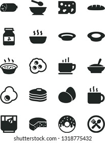 Solid Black Vector Icon Set - deep plate with a spoon vector, coffee, sausage, piece of cheese, eggs, loaf, glazed cake hole, bowl buckwheat porridge, in saucepan, hot, milk, cup tea, glass, jar jam