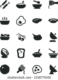 Solid Black Vector Icon Set - deep plate with a spoon vector, plates and spoons, spaghetti, noodles, bowl of buckwheat porridge, rice, hot, lettuce in, chicken, chop, meat on skewers, cabbage