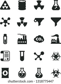 Solid Black Vector Icon Set - round flask vector, factory, oil, barrel, industrial building, radiation, carbon dyoxide, filter, water, research article, test tube, molecule, nuclear, biohazard