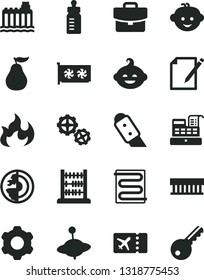Solid Black Vector Icon Set - feeding bottle vector, children's hairdo, funny, yule, abacus, gears, cogwheel, knife, heating coil, suitcase, notes, ripe guava, hydroelectricity, cash machine, flame
