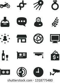 Solid Black Vector Icon Set - monitor window vector, wall clock, put in a box, stall, speech, pc card, gpu, network, dna, scientist, graduate hat, earth core, laurel branch, diamond ring, wallet