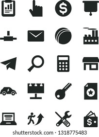 Solid Black Vector Icon Set - laptop vector, paper airplane, bath ball, small tools, key, index finger, industrial building, electric transport, stall, billboard with illumination, dollar, connect