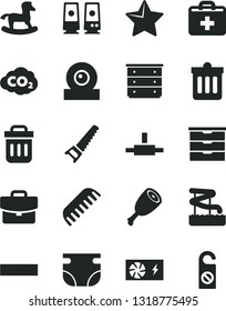 Solid Black Vector Icon Set - First Aid Kit Vector, Minus, Storage Unit, Chest Of Drawers, Nappy, Comb, Small Rocking Horse, Hand Saw, Dust Bin, Star, Suitcase, Chicken Thigh, Carbon Dyoxide, Trash