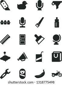 Solid Black Vector Icon Set - desktop microphone vector, horn, feeding bottle, baby duckling, roly poly doll, e, yule, arm saw, interroom door, putty knife, globe, bag with handles, bundle of eggs