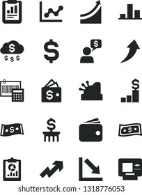 Solid Black Vector Icon Set - growth up vector, graph, negative chart, calculation, statistical report, overview, denomination of the dollar, wallet, cashbox, arrow, money rain, pedestal, column
