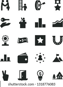 Solid Black Vector Icon Set - bar chart vector, wallet, dollar, cup, arrow graph, mountain flag, purpose, hero medal, star, man with ladder, arm key, exit door, idea, speaker, luck, victory hand