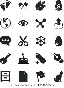 Solid Black Vector Icon Set - scissors vector, clean sheet of paper, add label, footprints, key, eye, drop, flag, nightstand, cake, move up, planet Earth, speech, molecule, biology, 3d cube, ink pen
