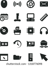 Solid Black Vector Icon Set - trolley with coal vector, computer, mouse, pc tower, cpu, memory, card, gpu, cd, printer, headphones, network, browser, folder, wireless, joystick, mail, history