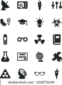 Solid Black Vector Icon Set - flask vector, test tube, glasses, nuclear, bulb, settings, satellite, bactery, book, biohazard, globe, oscilloscope, graduate hat, antenna, patente, flame torch