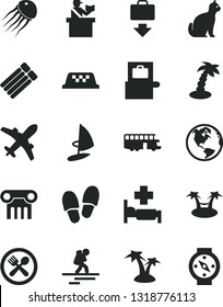 Solid Black Vector Icon Set - earth vector, bus, taxi, backpacker, baggage scanner, passort control, plane, getting, palm tree, hospital bed, cafe, pets, hammok, inflatable mattress, column, compass