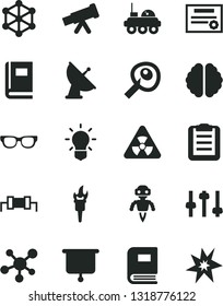 Solid Black Vector Icon Set - telescope vector, molecule, glasses, nuclear, bulb, brain, settings, book, clipboard, artifical insimination, robot, satellite antenna, lunar rover, presentation board