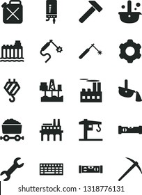 Solid Black Vector Icon Set - crane vector, hook, cogwheel, construction level, building, electronic boiler, hammer, commercial seaport, hydroelectricity, industrial, enterprise, canister, welding