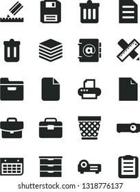 Solid Black Vector Icon Set - wicker pot vector, clean sheet of paper, storage unit, portfolio, writing accessories, drawing, dust bin, pile, folder, address book, suitcase, wall calendar, printer