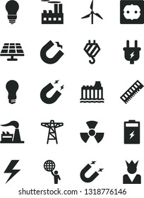 Solid Black Vector Icon Set - lightning vector, hook, bulb, power socket type f, charging battery, solar panel, windmill, factory, light, hydroelectricity, pole, plug, industrial building, magnet