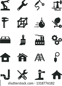 Solid Black Vector Icon Set - house vector, dwelling, big core, concrete mixer, small tools, wooden paint brush, ladder, siphon, building block, plummet, working oil derrick, industrial, gas welding