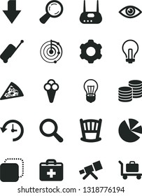 Solid Black Vector Icon Set - incandescent lamp vector, downward direction, magnifier, first aid kit, cradle, cogwheel, eye, coins, copy, piece of pizza, cone, bulb, pie charts, router, history