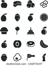 Solid Black Vector Icon Set - birthday cake vector, cheese, noodles, with a hole, Chupa Chups, popcorn, fried egg, peach, half apricot, quince, raspberry, blackberry, blueberry, blueberries, loquat