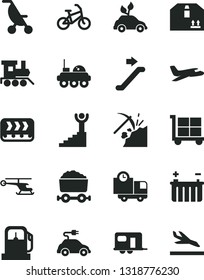 Solid Black Vector Icon Set - cargo trolley vector, summer stroller, baby toy train, delivery, cardboard box, coal mining, gas station, battery, conveyor, environmentally friendly transport, with